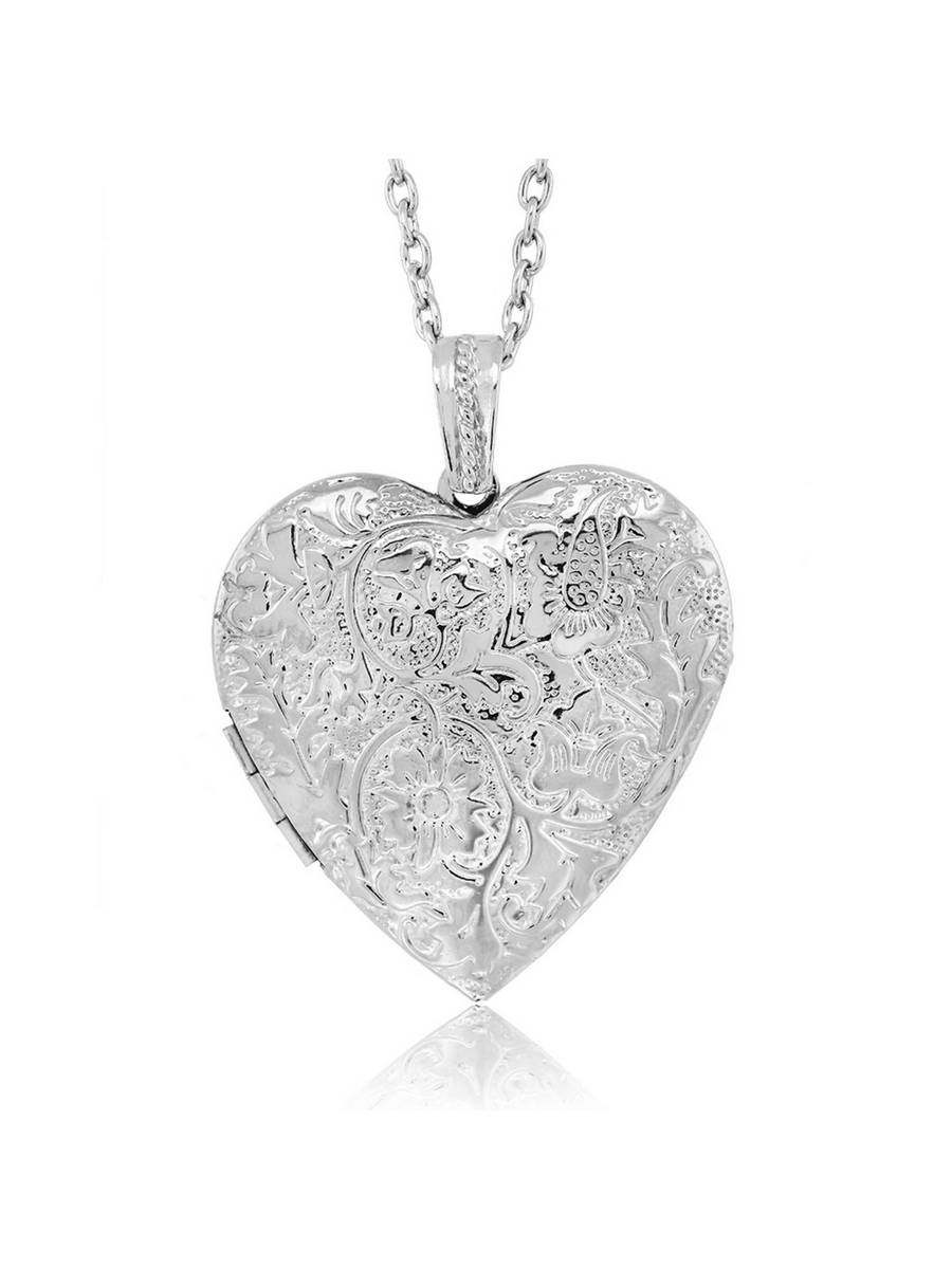 Locket Pendant Necklace Charm 1.5" Engraved Flowers Heart Shape % Locket Pendant Necklace Charm 1.5" Engraved Flowers Heart Shape